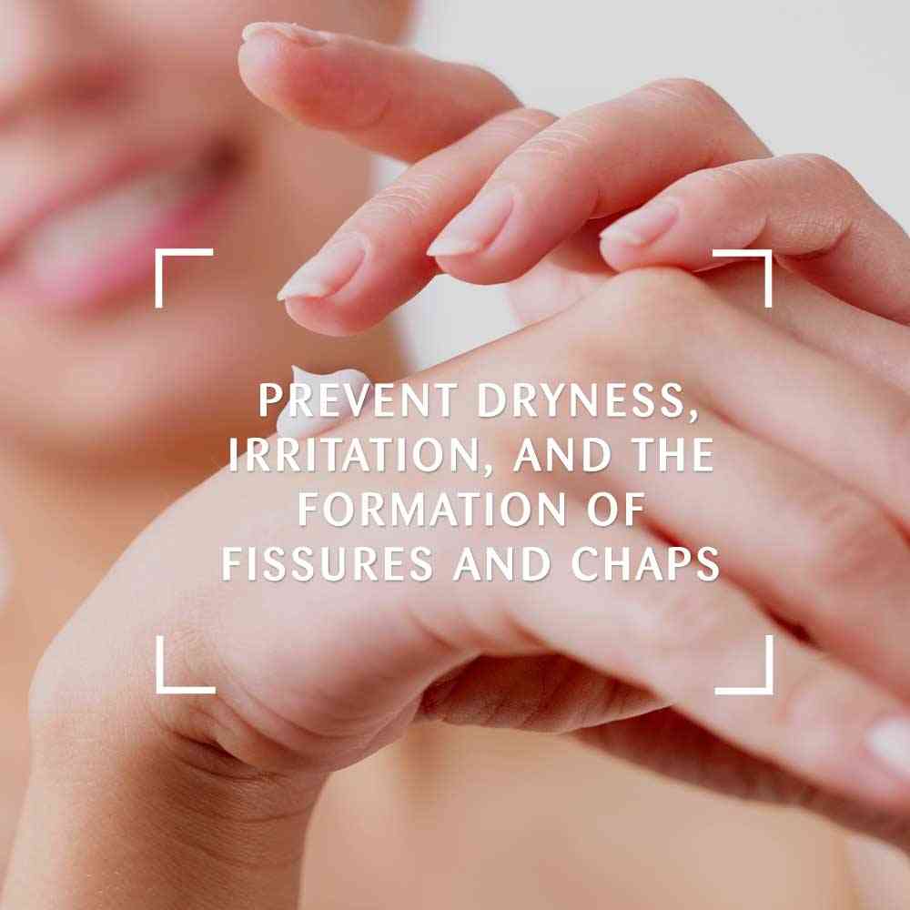 a woman holding her hand with the words prevent dryness, irritation, and the